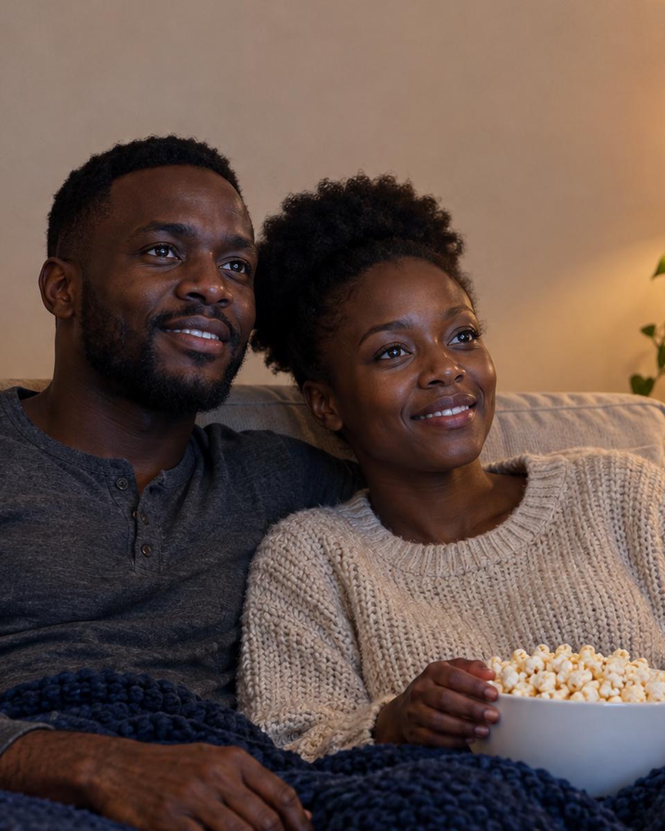 A couple relaxing at home on the sofa with popcorn, watching TV